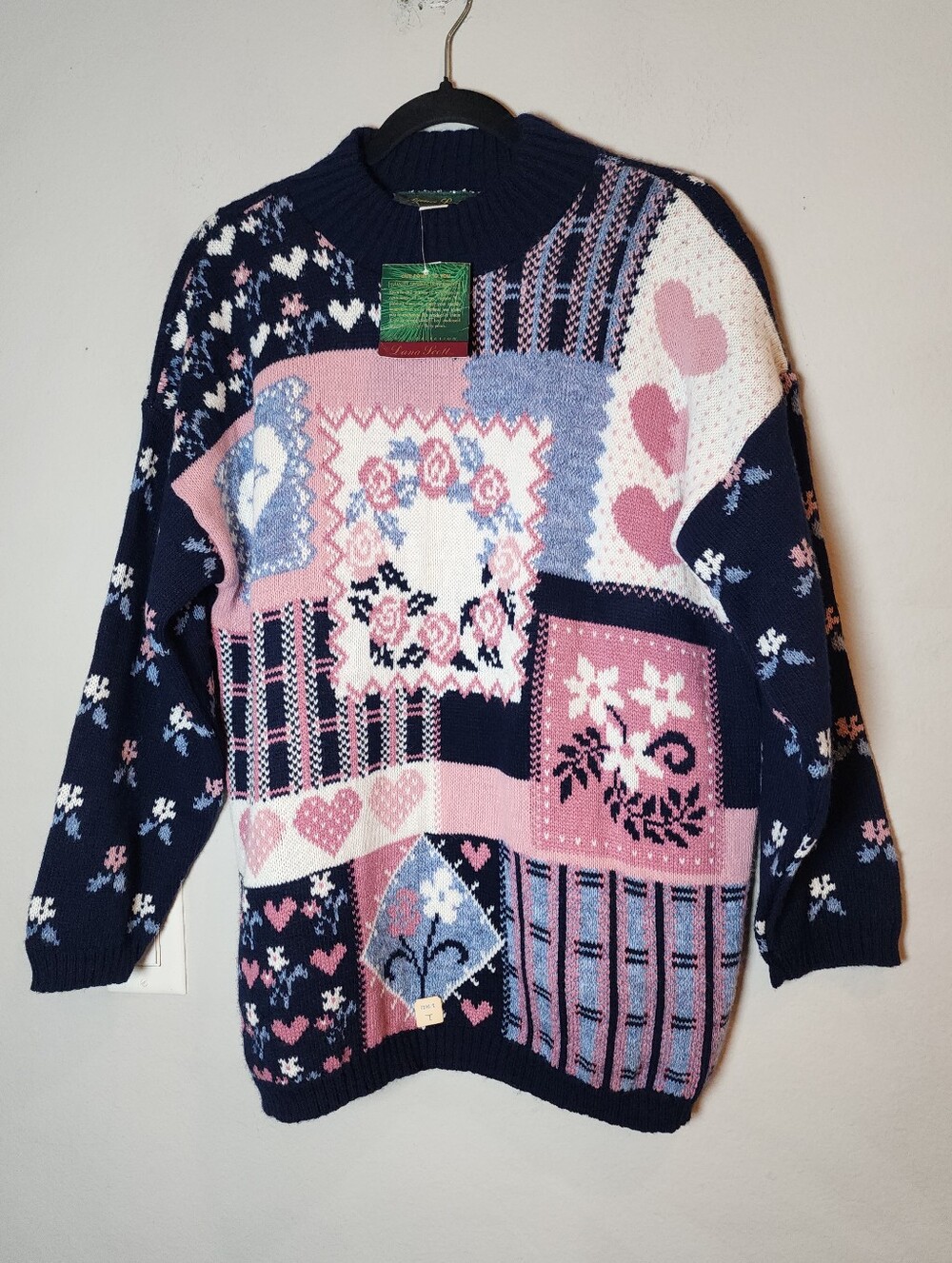 NWT Vintage Dana Scott Knit Sweater Large Patchwork Cottage 80s 90s Deadstock